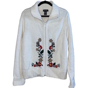 Scandinavian Embroidered Zip Front Cardigan Sweater (XL)